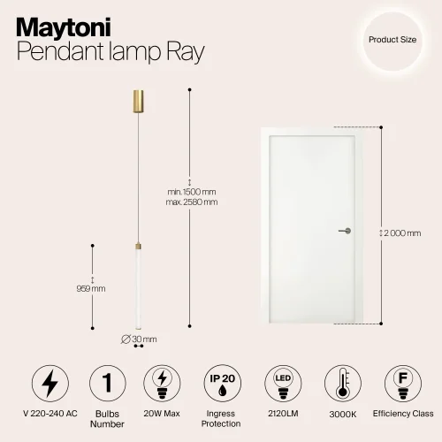 Светильник подвесной LED Ray P022PL-L20G3K Maytoni белый на 1 лампу, основание золотое в стиле современный трубочки фото 10