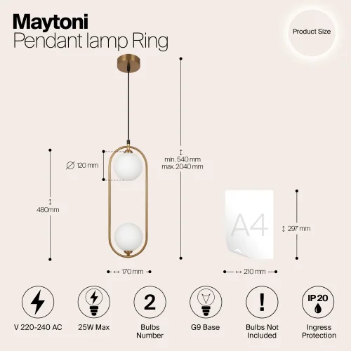 Светильник подвесной Ring MOD013PL-02BS1 Maytoni белый на 2 лампы, основание латунь в стиле современный шар фото 5