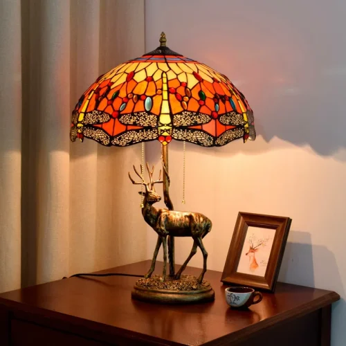 Настольная лампа Тиффани Dragonfly OFT905 Tiffany Lighting разноцветная жёлтая красная бежевая 2 лампы, основание бронзовое металл в стиле тиффани стрекоза фото 2