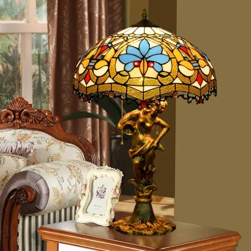 Настольная лампа Тиффани Petunia OFT941 Tiffany Lighting голубая разноцветная оранжевая коричневая 2 лампы, основание золотое металл в стиле тиффани орнамент цветы фото 2