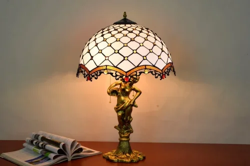 Настольная лампа Тиффани European OFT946 Tiffany Lighting разноцветная коричневая белая 2 лампы, основание золотое металл в стиле тиффани орнамент фото 7