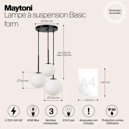 Светильник подвесной Basic form MOD321PL-03B Maytoni белый на 3 лампы, основание чёрное в стиле современный каскад шар фото 8