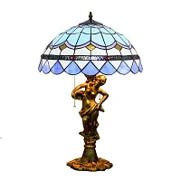 Настольная лампа Тиффани Mediterranean OFT943 Tiffany Lighting голубая разноцветная белая 2 лампы, основание золотое металл в стиле тиффани орнамент средиземноморский