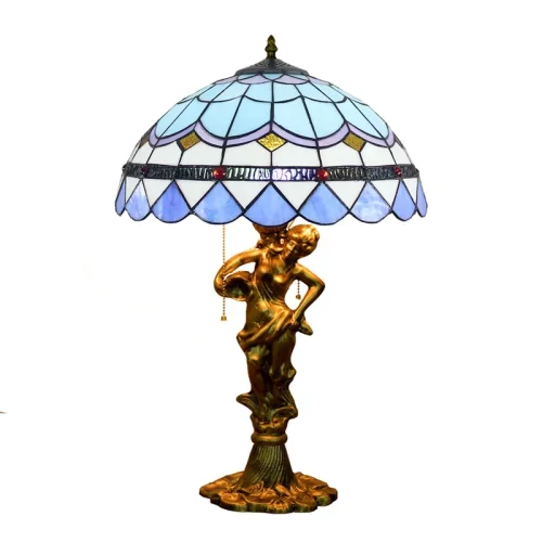 Настольная лампа Тиффани Mediterranean OFT943 Tiffany Lighting голубая разноцветная белая 2 лампы, основание золотое металл в стиле тиффани орнамент средиземноморский