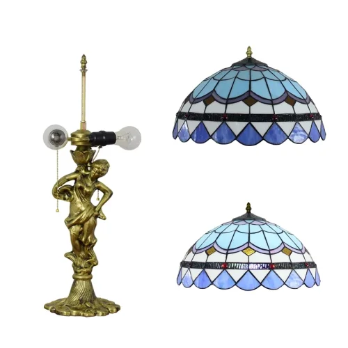 Настольная лампа Тиффани Mediterranean OFT943 Tiffany Lighting голубая разноцветная белая 2 лампы, основание золотое металл в стиле тиффани орнамент средиземноморский фото 5