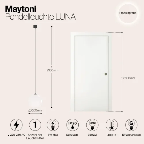 Светильник подвесной LED Luna P039PL-5W4K-20-B Maytoni белый на 1 лампу, основание чёрное в стиле современный хай-тек шар фото 7