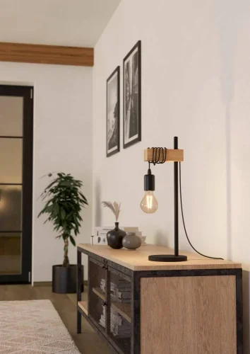 Настольная лампа лофт Townshend 32918 Eglo без плафона 1 лампа, основание чёрное коричневое дерево металл в стиле лофт  фото 3