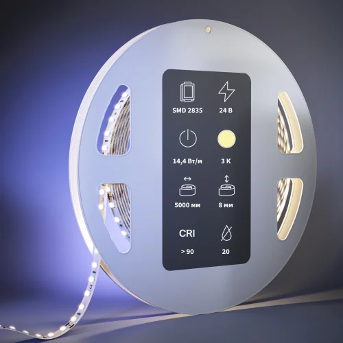 Светодиодная лента 24В 2835 14,4Вт/м 3000К 5м IP 20 201052 Maytoni цвет LED тёплый белый 3000K, световой поток 1510Lm фото 2
