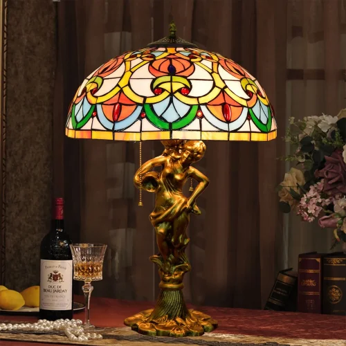 Настольная лампа Тиффани Petunia OFT945 Tiffany Lighting разноцветная оранжевая жёлтая зелёная 2 лампы, основание золотое металл в стиле тиффани цветы фото 5
