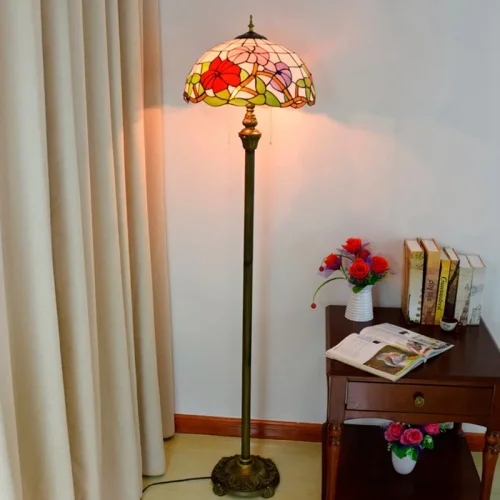 Торшер Тиффани Flower OFRF1004 Tiffany Lighting цветы разноцветный фиолетовый красный зелёный 2 лампы, основание бронзовое коричневое в стиле тиффани
 фото 2