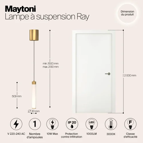 Светильник подвесной LED Ray P022PL-L10MG3K Maytoni белый на 1 лампу, основание золотое в стиле современный трубочки фото 12