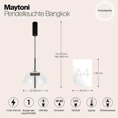 Светильник подвесной LED Bangkok MOD185PL-L6B3K1 Maytoni прозрачный на 1 лампу, основание чёрное в стиле современный фото 13