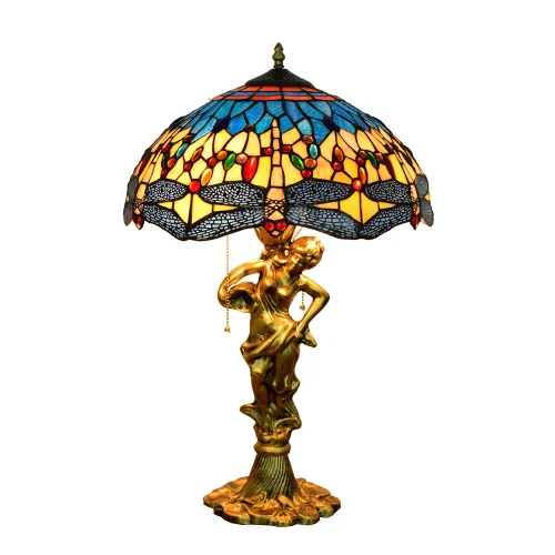 Настольная лампа Тиффани Dragonfly OFT929 Tiffany Lighting голубая разноцветная жёлтая 2 лампы, основание золотое металл в стиле тиффани стрекоза