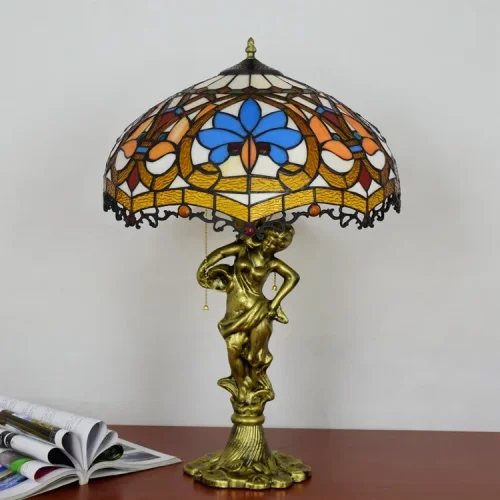 Настольная лампа Тиффани Petunia OFT941 Tiffany Lighting голубая разноцветная оранжевая коричневая 2 лампы, основание золотое металл в стиле тиффани орнамент цветы фото 5