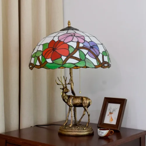 Настольная лампа Тиффани Flower OFT903 Tiffany Lighting разноцветная красная розовая зелёная белая 2 лампы, основание бронзовое металл в стиле тиффани цветы фото 4