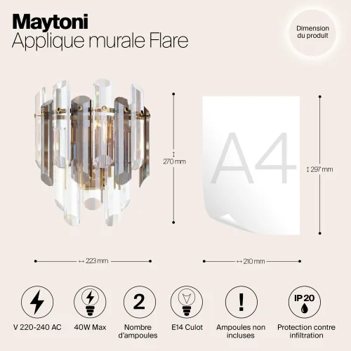Бра Flare DIA200WL-02G Maytoni прозрачный на 2 лампы, основание золотое в стиле классический фото 8