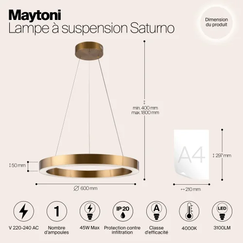 Светильник подвесной LED Saturno MOD415PL-L45BS4K Maytoni латунь на 1 лампу, основание латунь в стиле современный хай-тек кольца фото 6