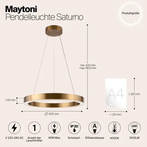 Светильник подвесной LED Saturno MOD415PL-L45BS4K Maytoni латунь на 1 лампу, основание латунь в стиле современный хай-тек кольца фото 7