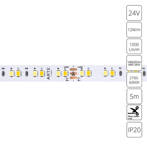 Светодиодная лента 24В A2414010-01-mix Arte Lamp цвет LED холодный белый нейтральный белый тёплый белый 2700 4500 6000K, световой поток Lm