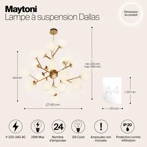 Люстра подвесная Dallas MOD545PL-24BS Maytoni белая на 24 лампы, основание золотое в стиле современный шар фото 9