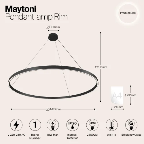 Светильник подвесной LED Rim MOD058PL-L65B3K Maytoni чёрный на 1 лампу, основание чёрное в стиле современный хай-тек минимализм кольца фото 4