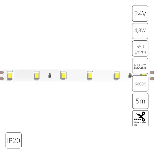 Светодиодная лента 24В 4,8Вт/м 550Лм/м 6000К 90+ 8мм SMD2835 60шт/м 5м IP20 Tape A2406008-03-6K Arte Lamp цвет LED холодный белый 6000K, световой поток Lm