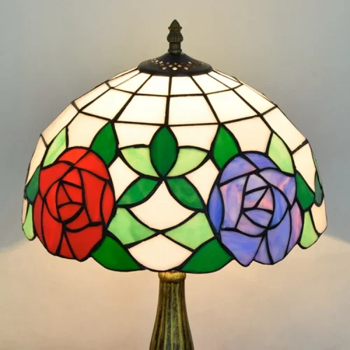 Настольная лампа Тиффани Rose OFT828 Tiffany Lighting зелёная белая красная синяя разноцветная 1 лампа, основание коричневое бронзовое металл в стиле тиффани цветы фото 5