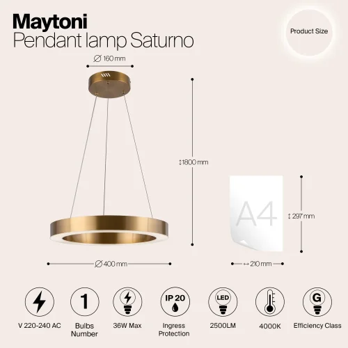 Светильник подвесной LED Saturno MOD415PL-L36BS4K Maytoni латунь на 1 лампу, основание латунь в стиле современный хай-тек кольца фото 5