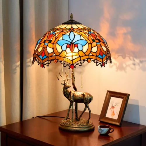 Настольная лампа Тиффани Petunia OFT901 Tiffany Lighting голубая разноцветная оранжевая коричневая 2 лампы, основание бронзовое металл в стиле тиффани цветы фото 2
