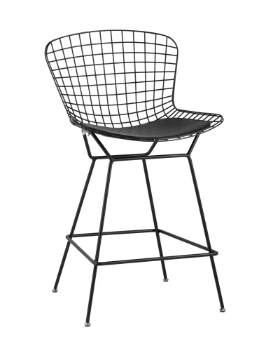 Стул полубарный с низкой спинкой Bertoia, черный, с черной подушкой УТ000004222 Stool Group, чёрный/экокожа, ножки/металл/чёрный, размеры - ****530*680