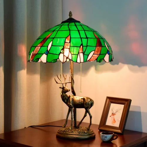 Настольная лампа Тиффани Rural Green OFT902 Tiffany Lighting разноцветная красная зелёная 2 лампы, основание бронзовое металл в стиле тиффани орнамент фото 6