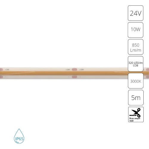 Светодиодная лента 24В 10Вт/м 850Лм/м 3000К 90+ 8мм COB 320шт/м 5м IP65 Aqua Lane A2432008-04-3K Arte Lamp цвет LED тёплый белый 3000K, световой поток Lm