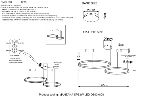 Люстра подвесная LED с пультом MANZANA SP53W LED D600+800 BLACK Crystal Lux белая на 1 лампу, основание чёрное в стиле современный с пультом кольца фото 5