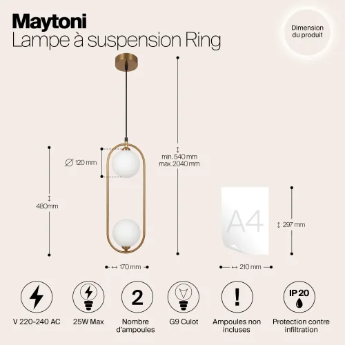 Светильник подвесной Ring MOD013PL-02BS1 Maytoni белый на 2 лампы, основание латунь в стиле современный шар фото 7