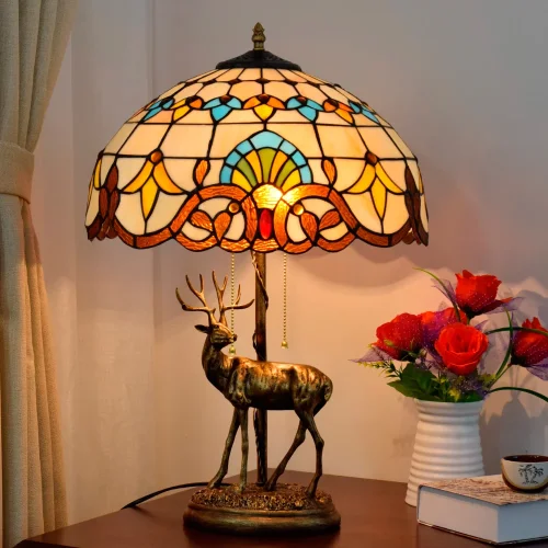 Настольная лампа Тиффани Petunia OFT911 Tiffany Lighting коричневая бежевая разноцветная голубая 2 лампы, основание бронзовое металл в стиле тиффани орнамент цветы фото 2