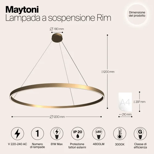 Светильник подвесной LED Rim MOD058PL-L65BS3K Maytoni латунь на 1 лампу, основание латунь в стиле современный хай-тек кольца фото 6