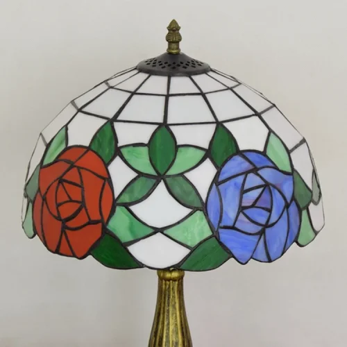 Настольная лампа Тиффани Rose OFT828 Tiffany Lighting зелёная белая красная синяя разноцветная 1 лампа, основание коричневое бронзовое металл в стиле тиффани цветы фото 7