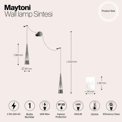 Бра LED Sintesi P090WL-L24CH3K Maytoni прозрачный на 1 лампу, основание хром в стиле современный фото 6