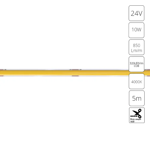 Светодиодная лента 24В 10Вт/м 850Лм/м 4000К 90+ 5мм COB 320шт/м 5м IP20 Lane A2432005-02-4K Arte Lamp цвет LED нейтральный белый 4000K, световой поток Lm Светодиодная лента 24В 10Вт/м 850Лм/м 4000К 90+ 5мм COB 320шт/м 5м IP20 Lane A2432005-02-4K Arte Lamp цвет LED нейтральный белый 4000K, световой поток Lm