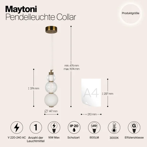 Светильник подвесной LED Collar P069PL-L16G3K Maytoni белый прозрачный на 1 лампу, основание золотое в стиле шар фото 3
