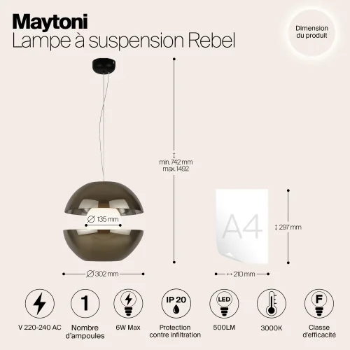 Светильник подвесной LED Rebel MOD322PL-L6G3K Maytoni серый на 1 лампу, основание чёрное в стиле фото 6