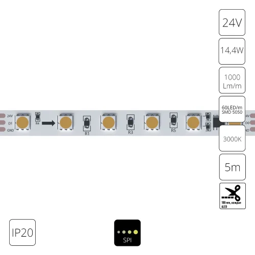 Светодиодная лента SPI 24В 14,4Вт/м 3000К 90+ 10мм SMD5050 60шт/м 5м IP20 Spi A2406010-03-3K Arte Lamp цвет LED тёплый белый 3000K, световой поток Lm Светодиодная лента SPI 24В 14,4Вт/м 3000К 90+ 10мм SMD5050 60шт/м 5м IP20 Spi A2406010-03-3K Arte Lamp цвет LED тёплый белый 3000K, световой поток Lm