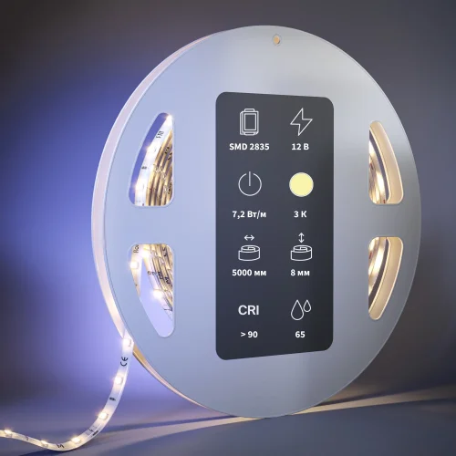 Светодиодная лента 12В 2835 7,2Вт/м 3000К 5м IP 65 201020 Maytoni цвет LED тёплый белый 3000K, световой поток 680Lm фото 2