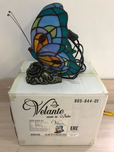 Настольная лампа Тиффани 805-844-01 Velante разноцветная 1 лампа, основание бронзовое коричневое металл в стиле тиффани бабочки фото 3