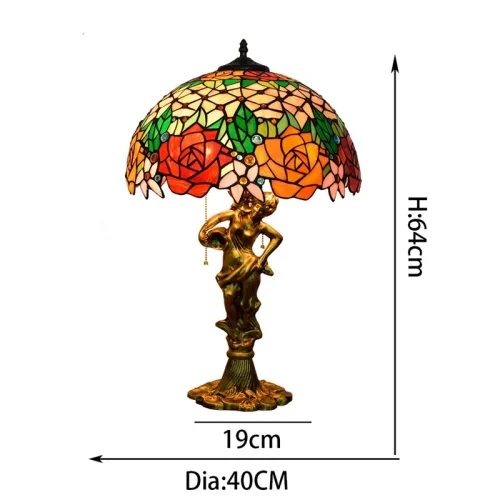 Настольная лампа Тиффани Rose OFT940 Tiffany Lighting разноцветная оранжевая красная зелёная 2 лампы, основание золотое металл в стиле тиффани цветы фото 3