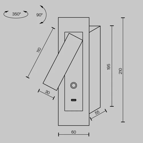 Бра с выключателем LED MOD495WL-L3B3K1 Axiom Maytoni чёрный на 1 лампу, основание чёрное в стиле современный хай-тек встраиваемый для чтения usb фото 7