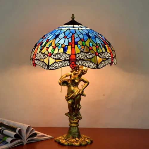 Настольная лампа Тиффани Dragonfly OFT942 Tiffany Lighting голубая разноцветная жёлтая красная 2 лампы, основание золотое металл в стиле тиффани стрекоза фото 3