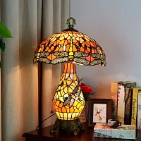 Настольная лампа Тиффани Dragonfly OFT947 Tiffany Lighting разноцветная красная 2 лампы, основание разноцветное коричневое стекло металл в стиле тиффани стрекоза