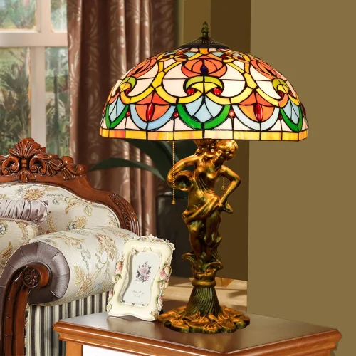 Настольная лампа Тиффани Petunia OFT945 Tiffany Lighting разноцветная оранжевая жёлтая зелёная 2 лампы, основание золотое металл в стиле тиффани цветы фото 6