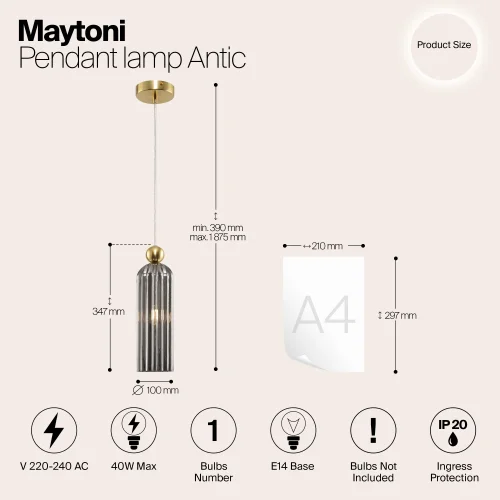 Светильник подвесной Antic MOD302PL-01GR Maytoni серый на 1 лампу, основание золотое в стиле современный фото 4